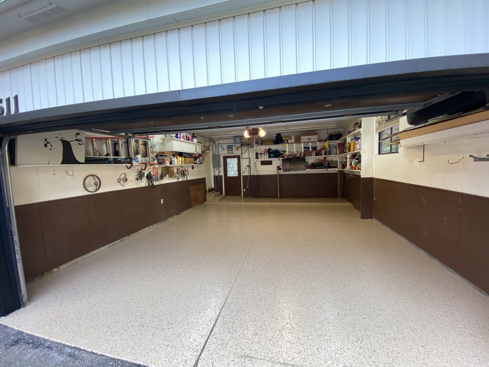 Garage floor with chip broadcast coating and even coverage, Livonia