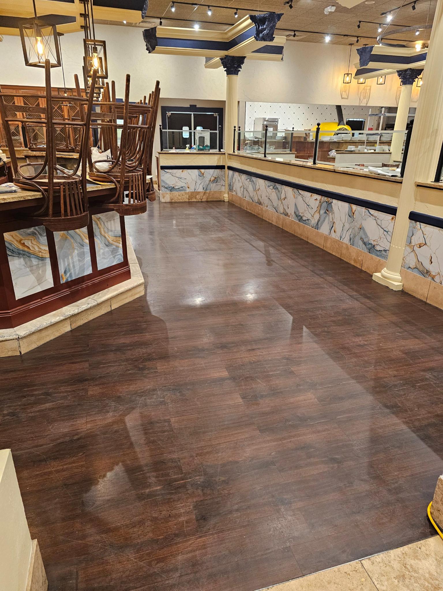 LVT floor refinishing at dining area counter section