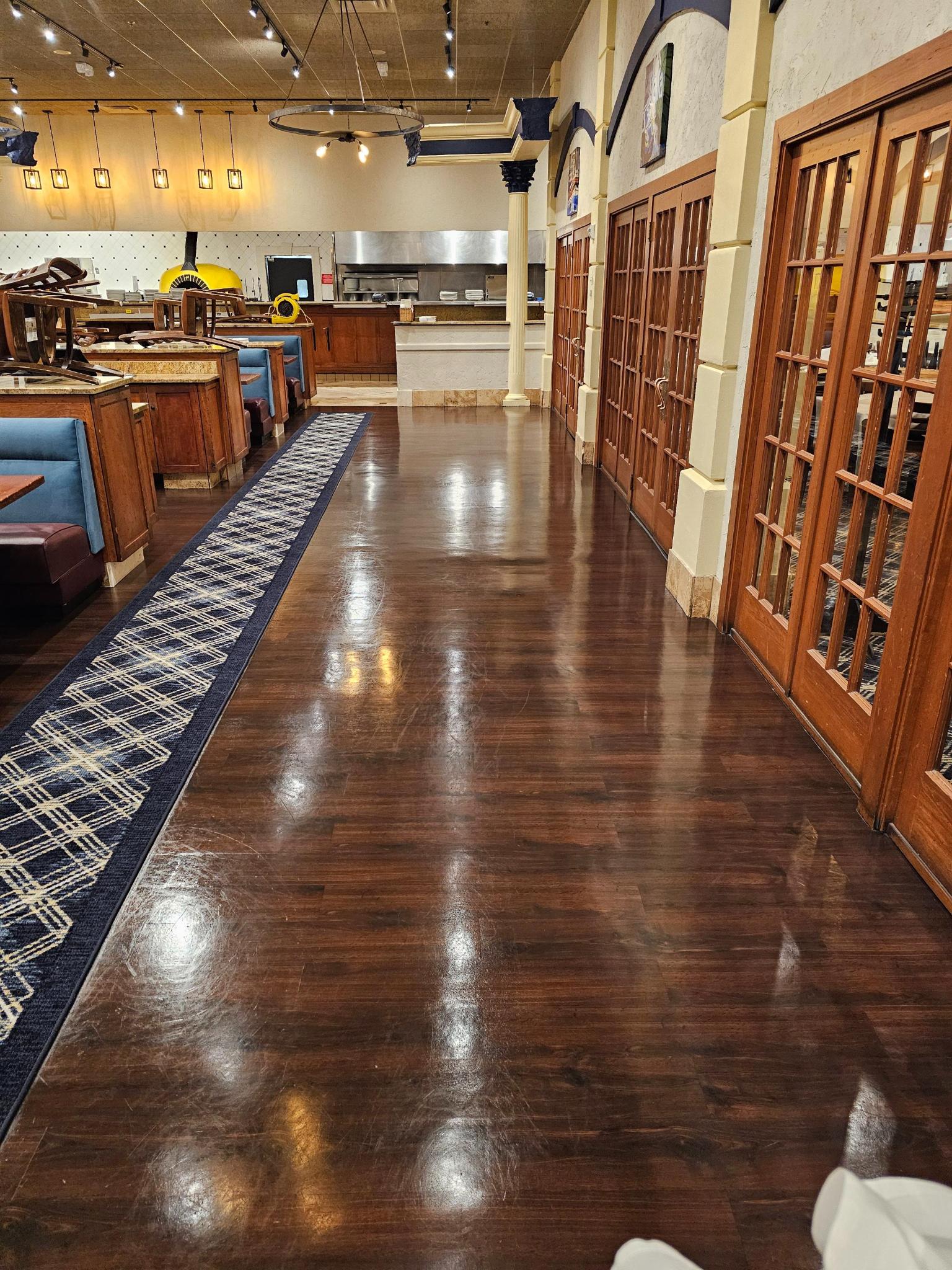 Commercial LVT refinishing, full dining room view in Livonia